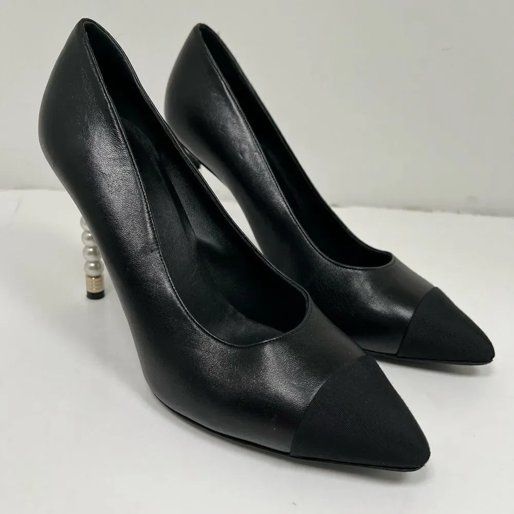 CHANEL  Lambskin Grosgrain Cap Toe Pearl Pumps 39.5 Black